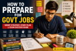Student preparing for government exams with books laptop and mock test strategy
