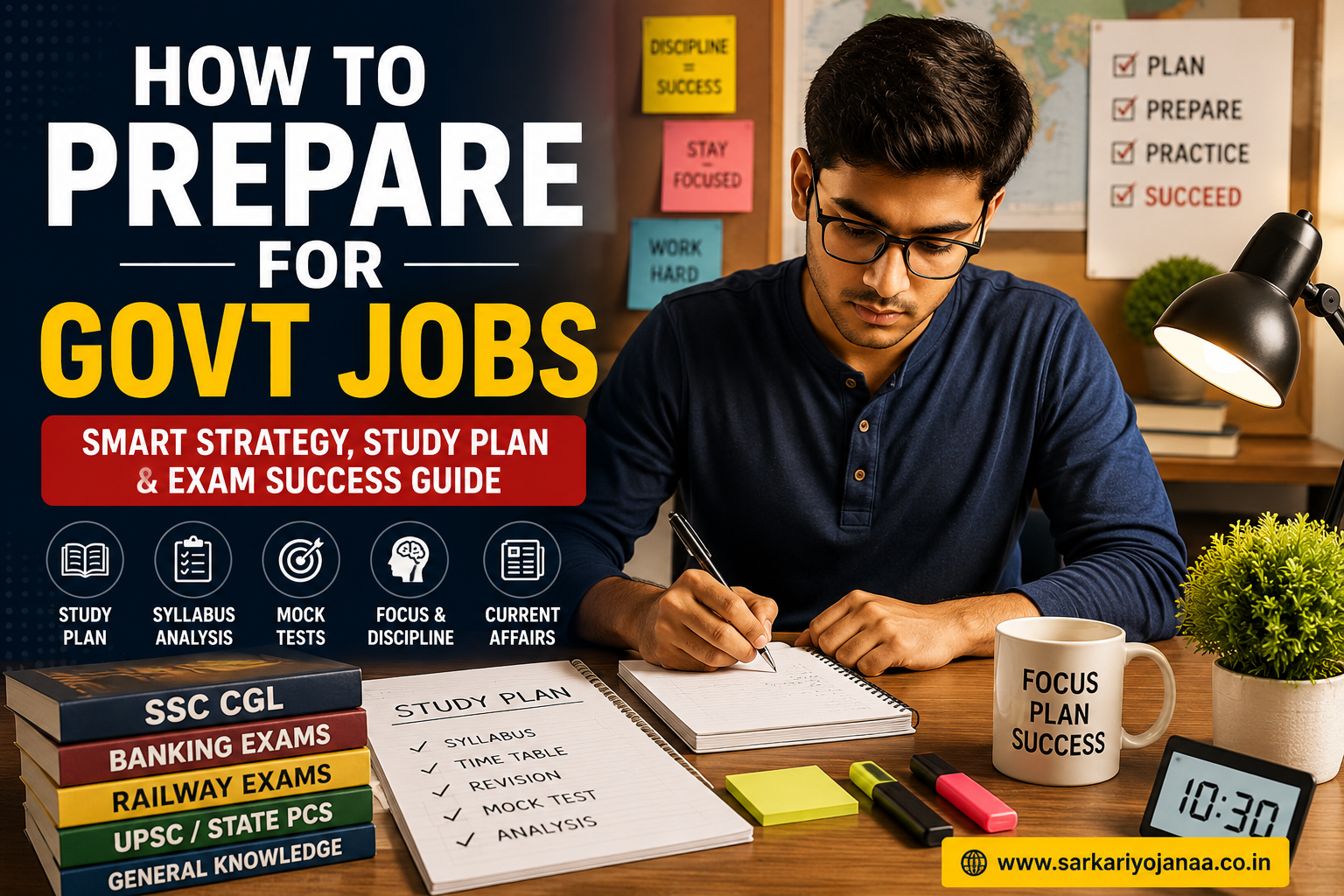 Student preparing for government exams with books laptop and mock test strategy