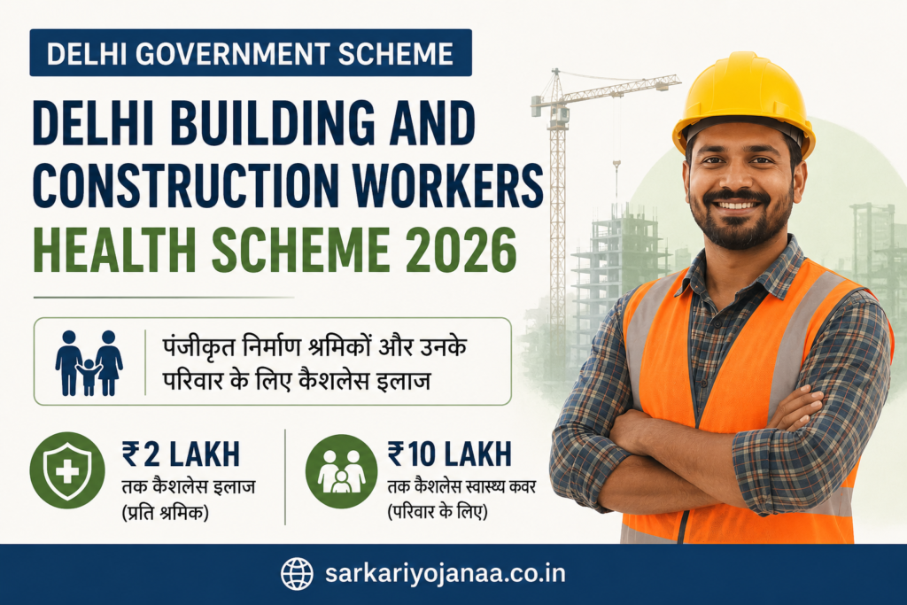 Delhi Building and Construction Workers Health Scheme 2026 providing up to ₹10 lakh cashless health coverage for registered construction workers and their eligible family members.